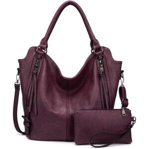 Women's Burgundy Large PU Leather Tote Bag - Fashion Hobo Purse w/Strap